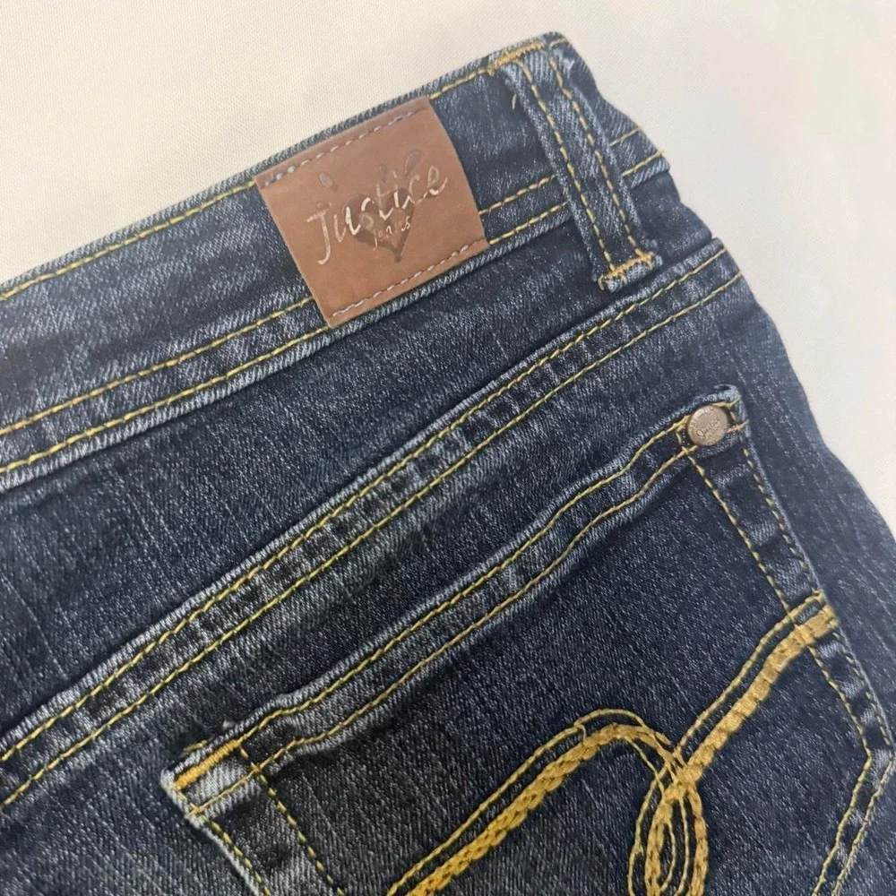 Justice Girls 14R Denim Shorts Dark Wash Embroidered Heart Stretch SCHOOL COMFY